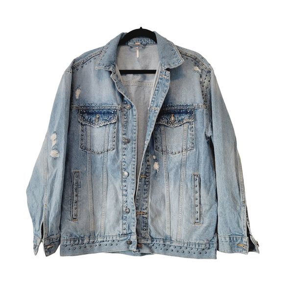 Free People Distressed Stud Denim Jacket